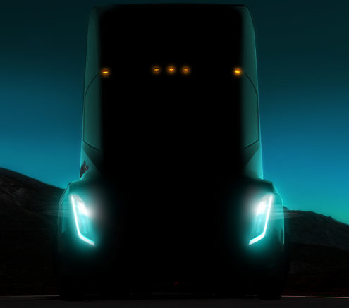 Front of Tesla Semi truck at night