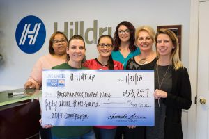Hilldrup Employees and RUW representatives display check from 2017 campaign