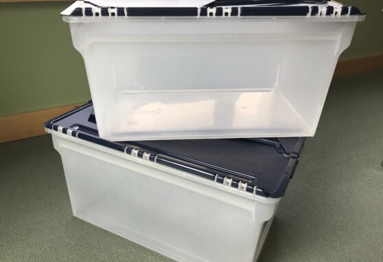Two, stacked clear bins