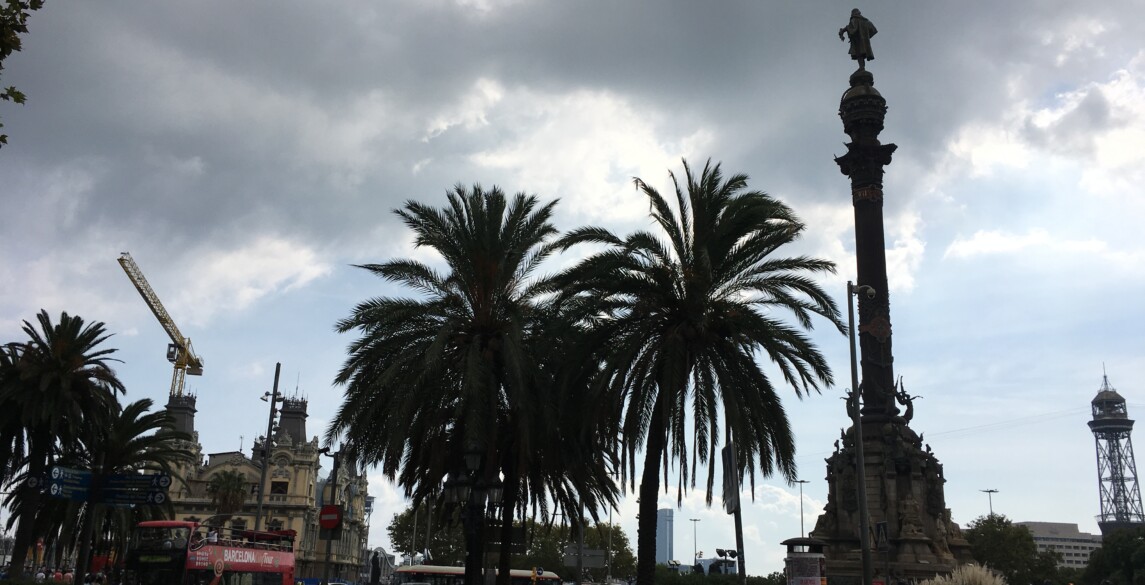 Palm trees and a statue in Barcelona, Spain