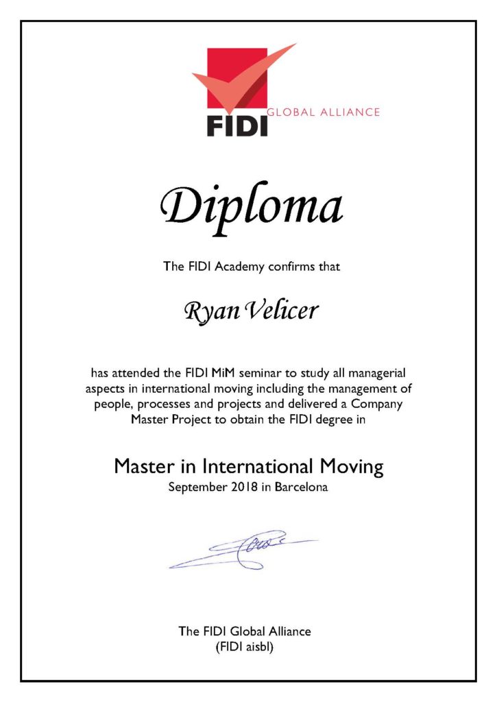 Ryan Velicer's FIDI Academy Diploma for his Maters in International Moving