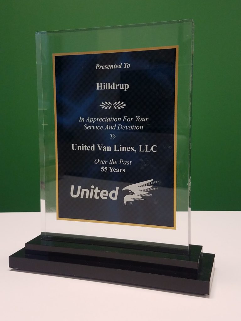 Award for Hilldrup in appreciation of service with United Van Lines for 55 years