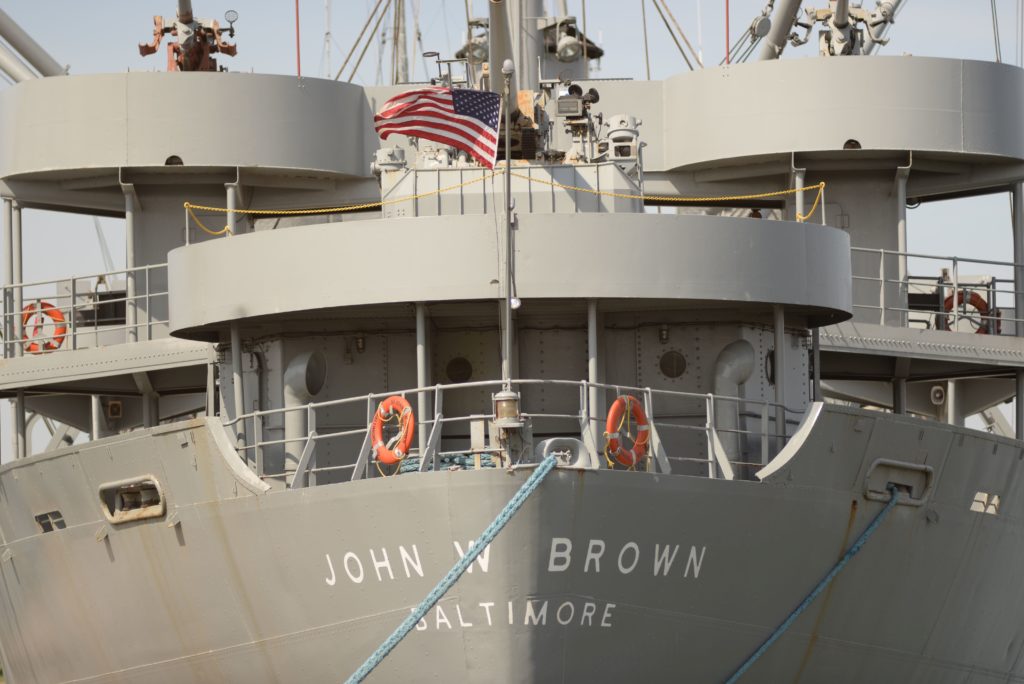 Close up of John W Brown Ship at cargo terminal in Baltimore