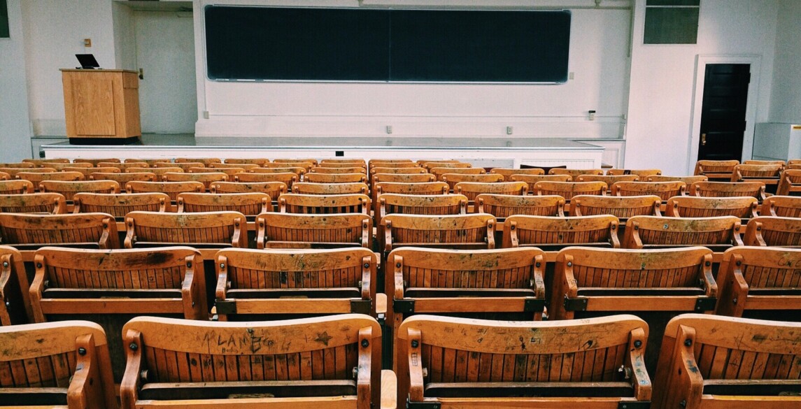 Classroom with stage and black board