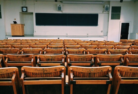 Classroom with stage and black board