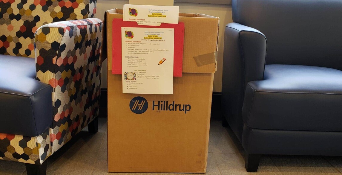 A Hilldrup box that holds donations for a school drive.