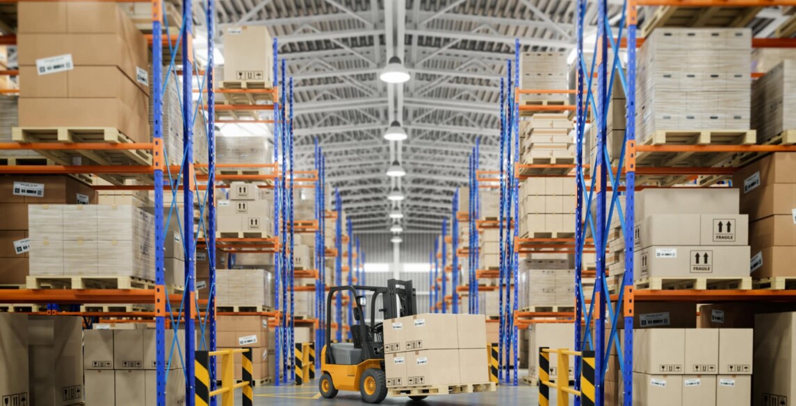 Forklift truck in warehouse or storage and shelves with cardboard