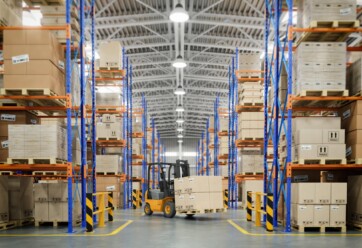 Forklift truck in warehouse or storage and shelves with cardboard