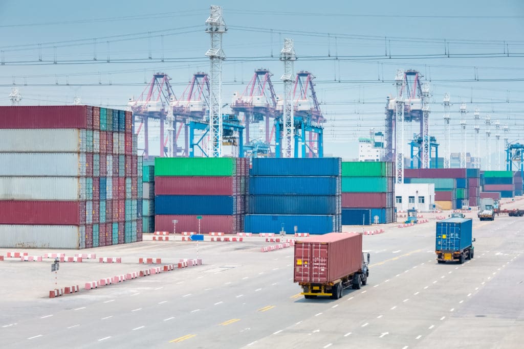 busy container terminal closeup