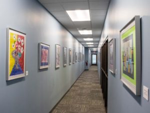 Hilldrup's hall with artwork from students displayed