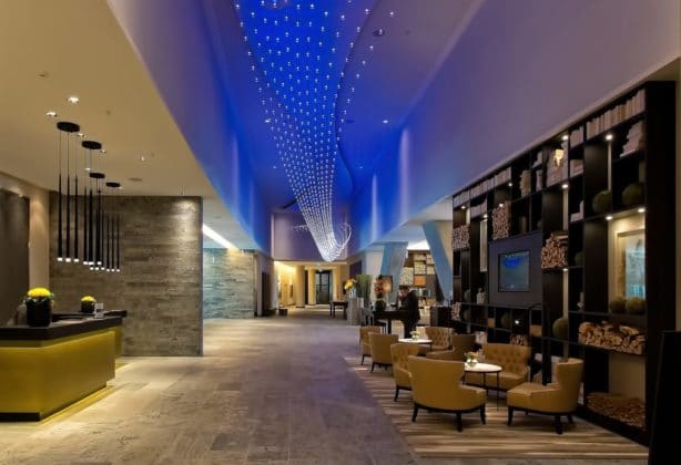 A lobby of an upscale hotel