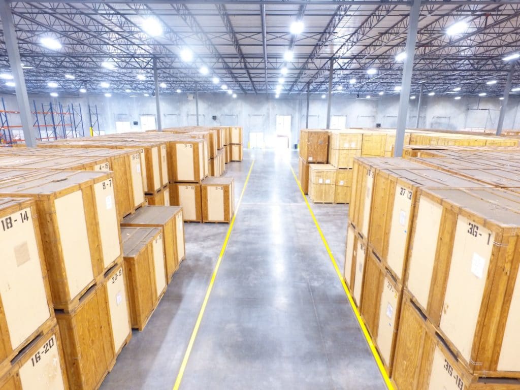 High view of Hilldrup crates stacked in the warehouse