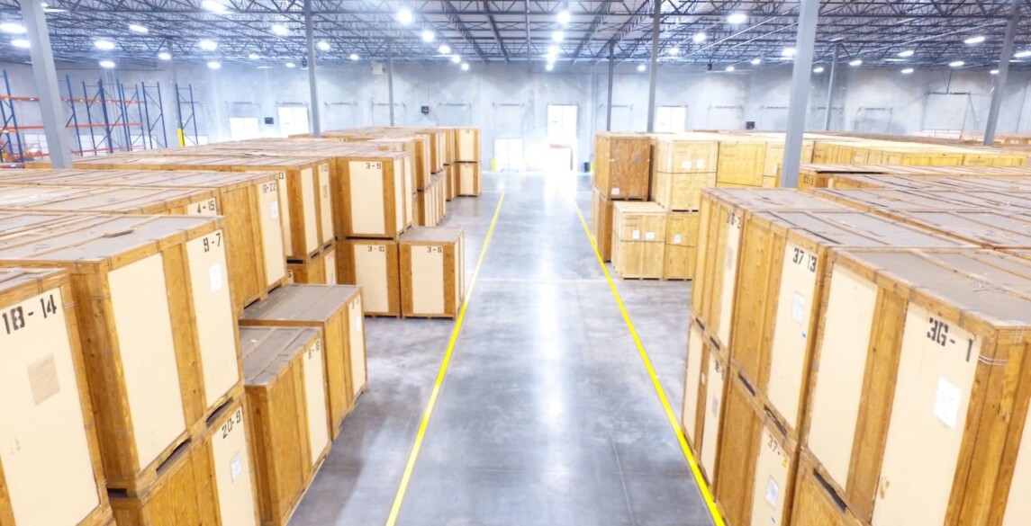 High view of Hilldrup crates stacked in the warehouse