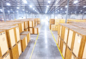 High view of Hilldrup crates stacked in the warehouse