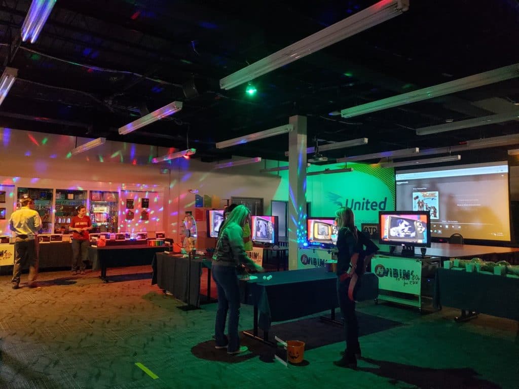 Hilldrup's training room with fun lights as it's decorated in 80s themes for the Rappahannock United Way kickoff fundraiser carnival