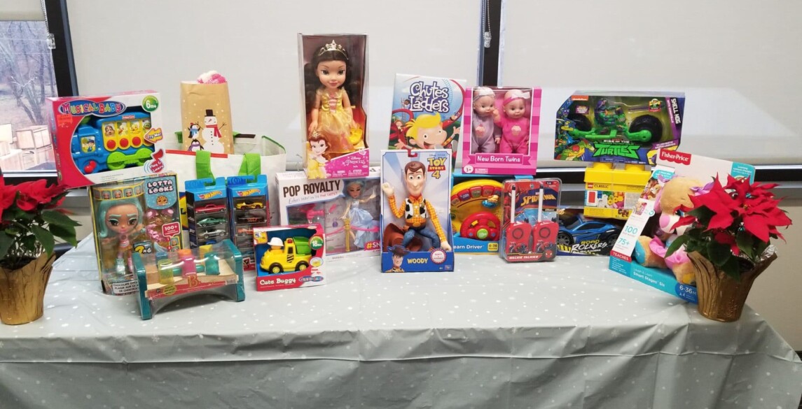 Donated children's toys are assembled on a table