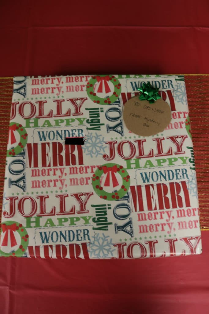 Christmas box with raffle tickets inside 