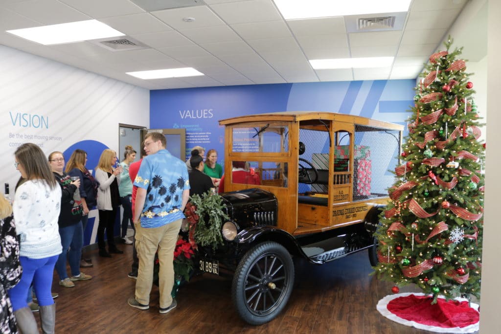 Hilldrup employees gather in front lobby during our company Christmas party