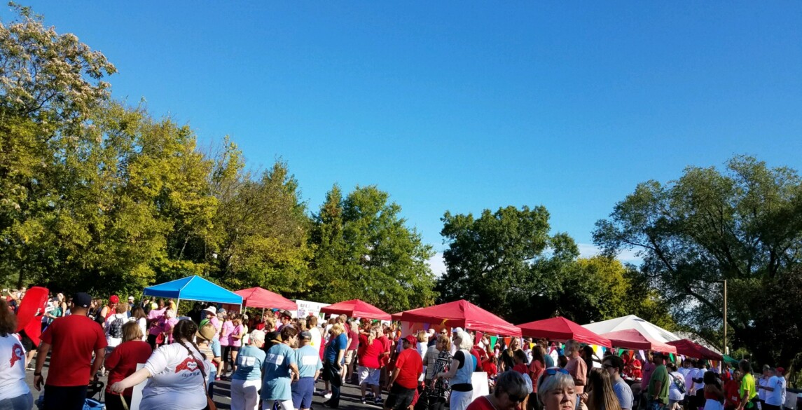 Fredericksburg Heart Association walk with tents, walkers, supporters gathered around