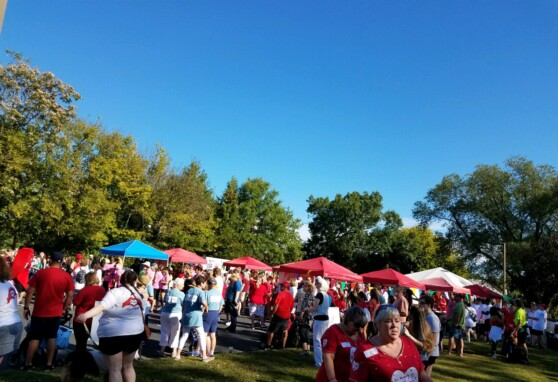 Fredericksburg Heart Association walk with tents, walkers, supporters gathered around