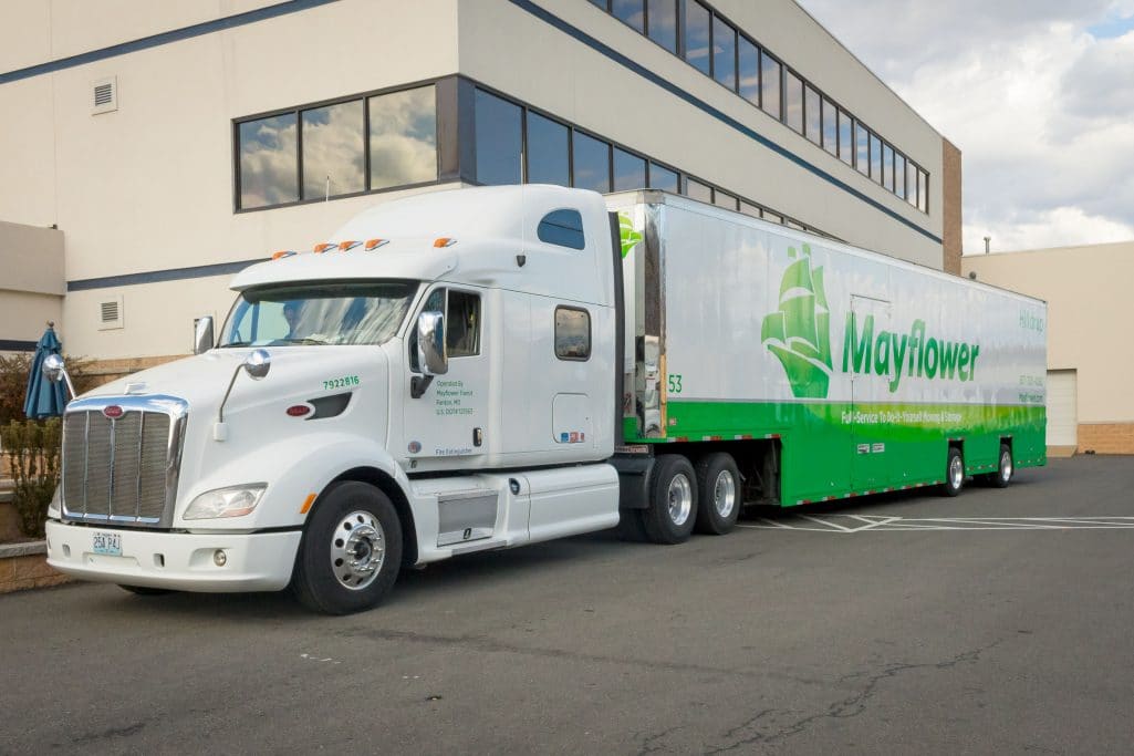 Mayflower truck parked outside of Stafford Headquarters