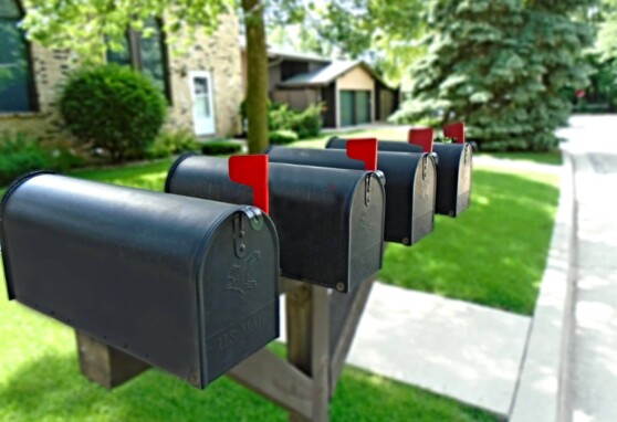Picture of mailboxes with their flags up.