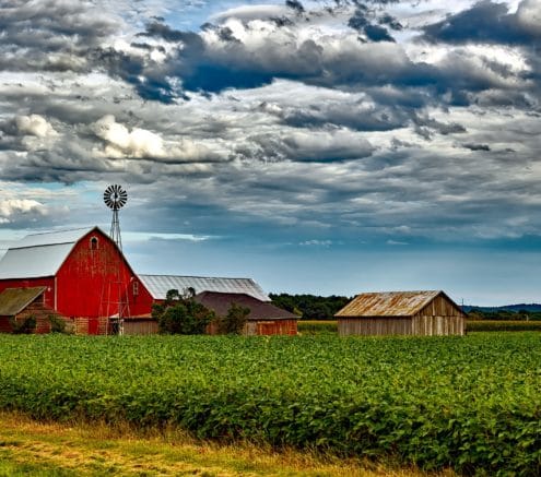 180 Degree Farm in Georgia with barn, field, blue skies
