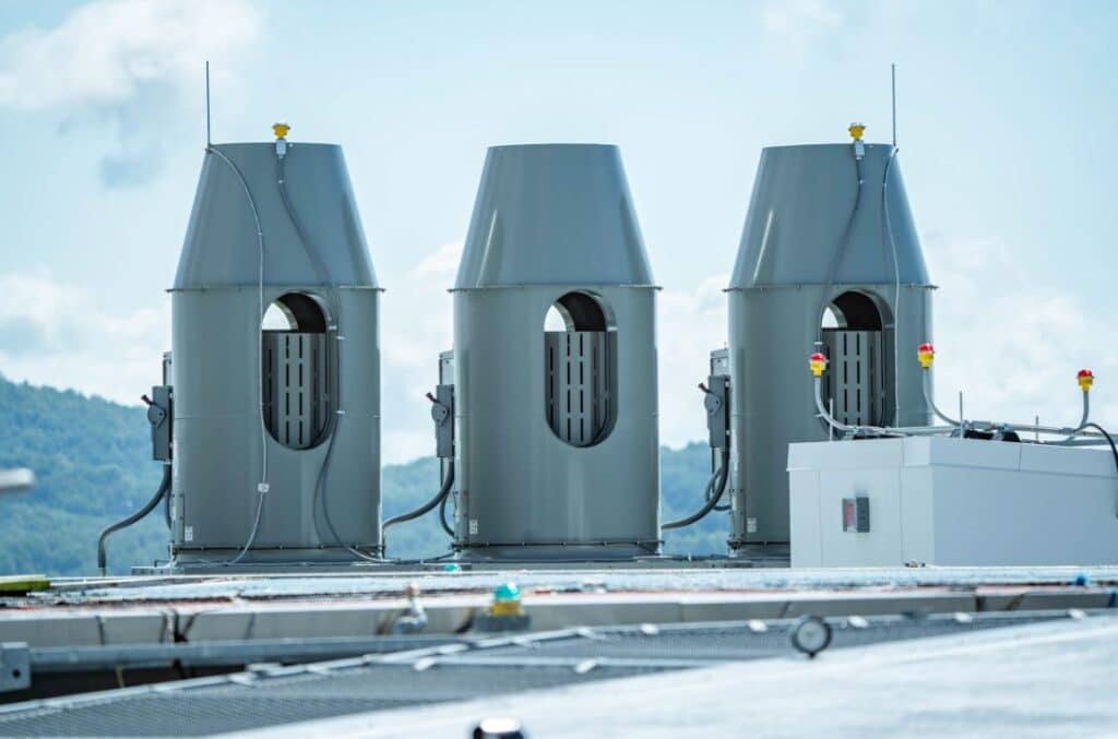 Strobic fans atop UVA Health's newest tower allows airflow to stay in limiting the spread of airborne illnesses. 