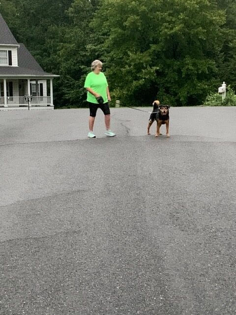 Linda Rivera and her dog participate in the Stafford Hospital 5K from her neighborhood during COVID. 