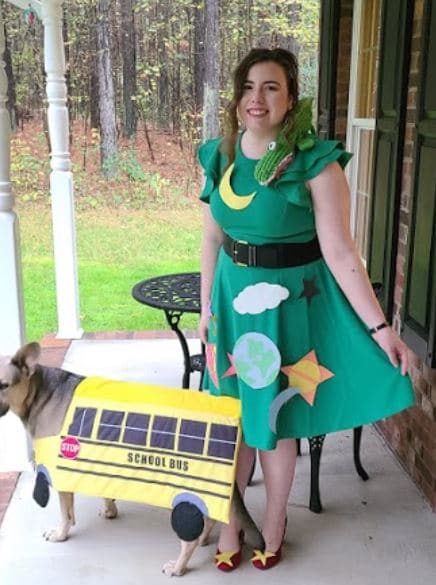 Bridget Dern and her dog dressed as Ms. Frizzle and the Magic School Bus