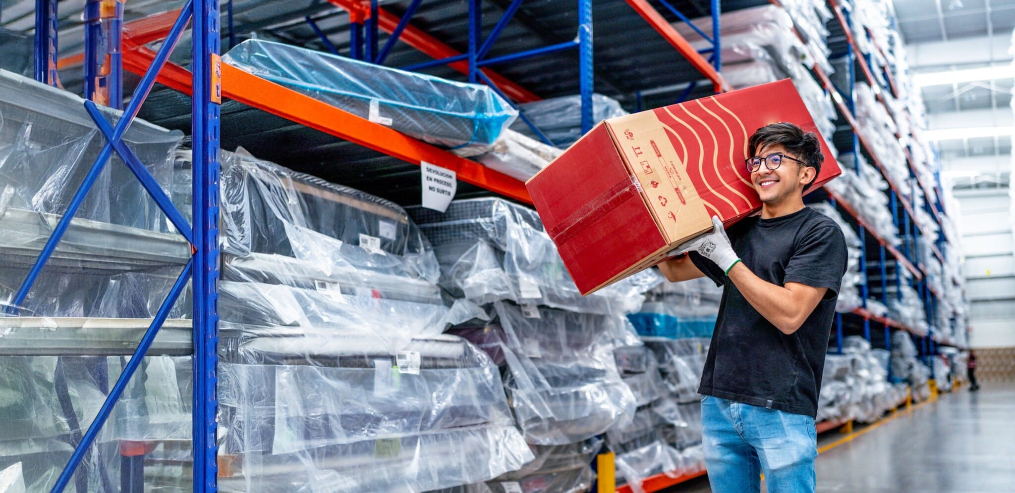 man carrying boxed item on shoulders in warehouse
