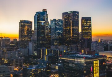 Picture of a city skyline at sunset.