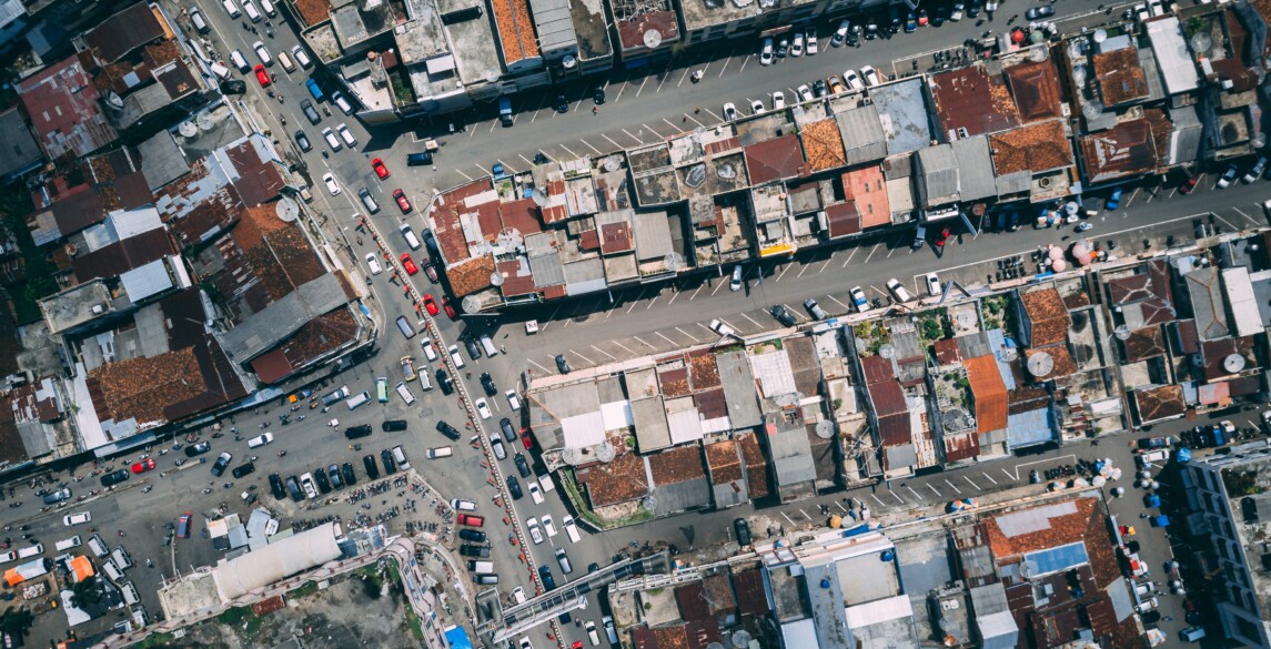 Overhead shot of a city center.