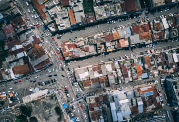 Overhead shot of a city center.