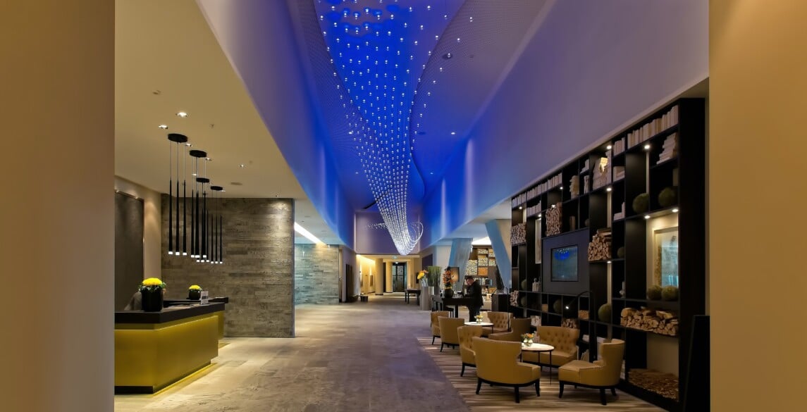 Picture of a contemporary, high-scale hotel lobby.