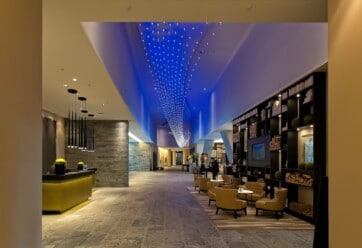 Picture of a contemporary, high-scale hotel lobby.