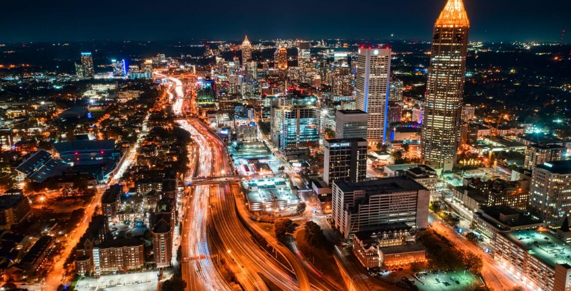 Overview of Atlanta skyline at night.