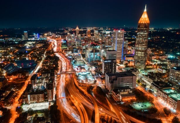 Overview of Atlanta skyline at night.
