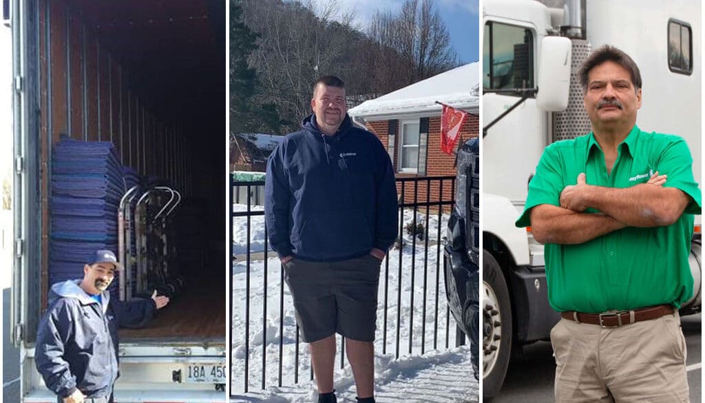 3 van operators standing in front of trucks