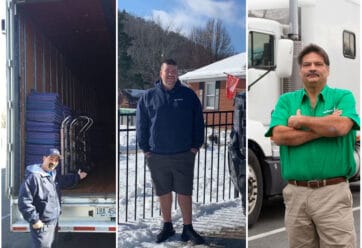 3 van operators standing in front of trucks