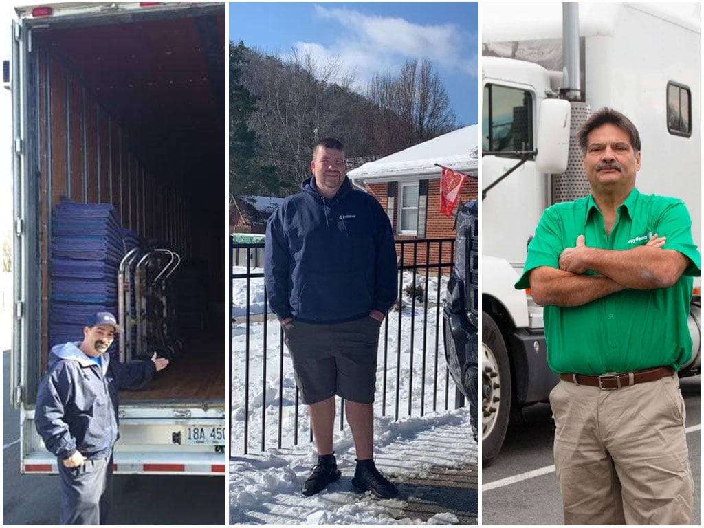 3 van operators standing in front of trucks