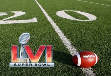 Super Bowl LVI logo with football on field