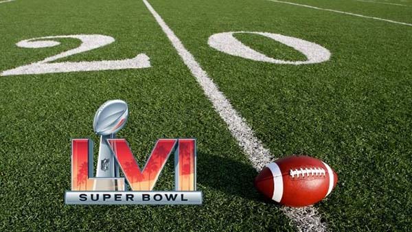 Super Bowl LVI logo with football on field