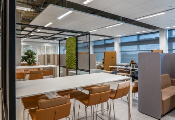 View of open space office with bright and clean aesthetic