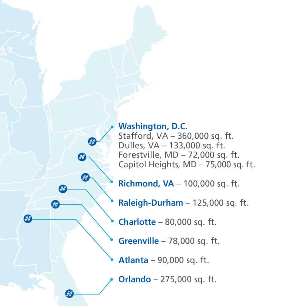 Map of East Coast with Hilldrup locations noted