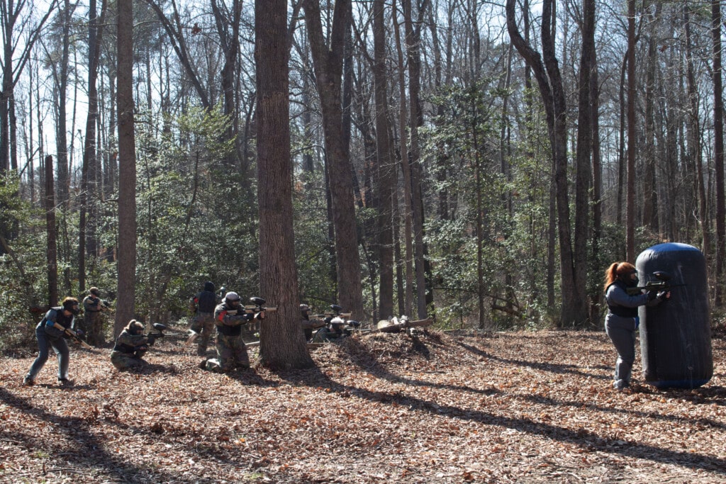 Hilldrup employees enjoying paintball. 