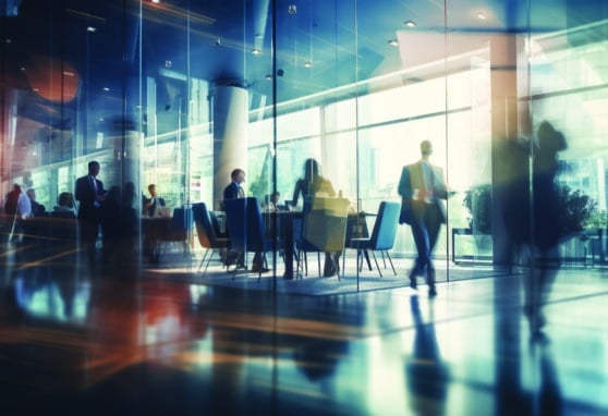 Blurred business people meeting in modern office building conference room, motion blur