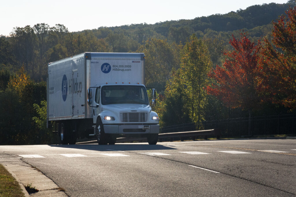 Hilldrup delivery truck on the road. 