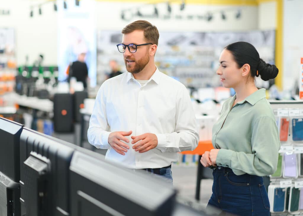 Young woman choosing tv set with shop assistant in home electronics store.