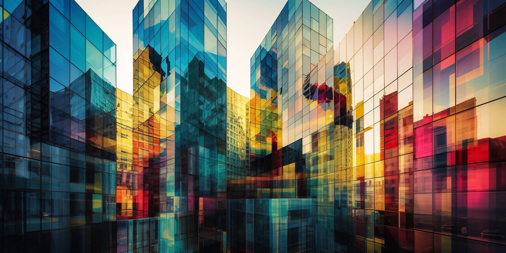 Bright colors reflecting in glass high rise buildings